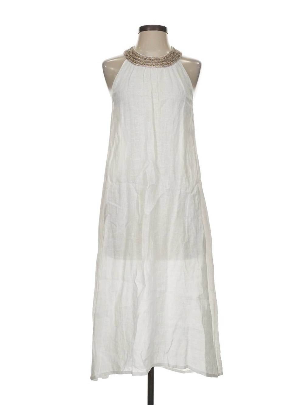 120% LINO Jeweled Neckline 100% Linen White Sleeveless Dress VGUC
